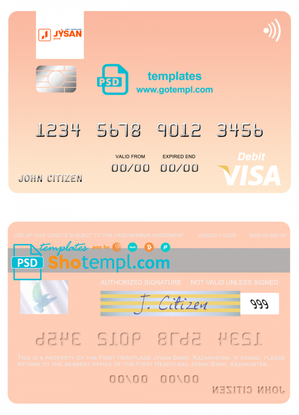 Kazakhstan First Heartland Jýsan Bank visa card fully editable template in PSD format