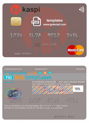 Kazakhstan Kaspi Bank mastercard fully editable credit card template in PSD format
