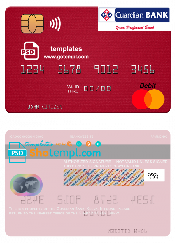Kenya Guardian Bank mastercard credit card fully editable template in PSD format