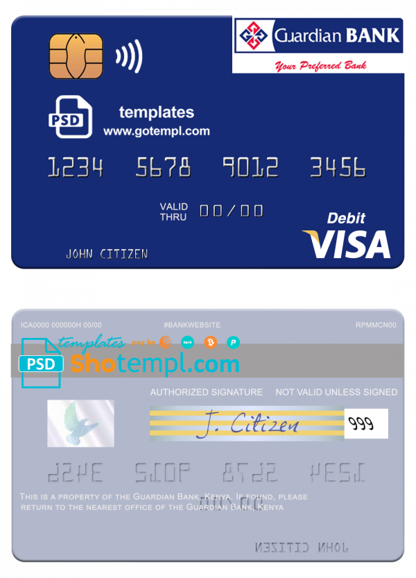 Kenya Guardian Bank visa card fully editable template in PSD format