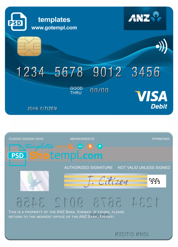 Kiribati ANZ Bank visa card fully editable template in PSD format