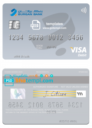 Kuwait Burgan Bank visa card fully editable template in PSD format