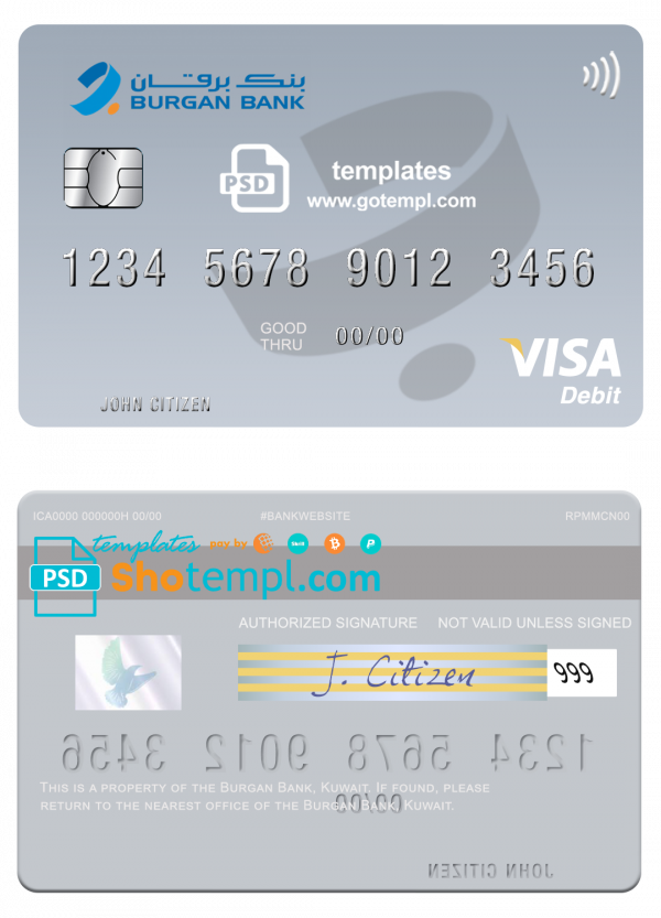 Kuwait Burgan Bank visa card fully editable template in PSD format