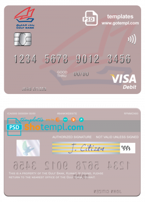 Kuwait Gulf Bank visa card fully editable template in PSD format