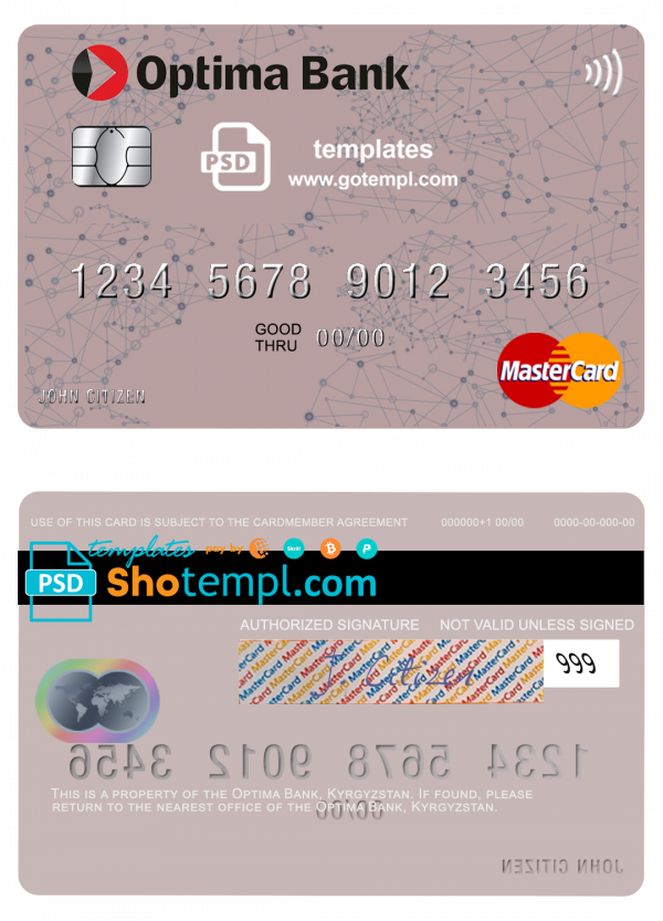 Kyrgyzstan Optima Bank mastercard fully editable template in PSD format