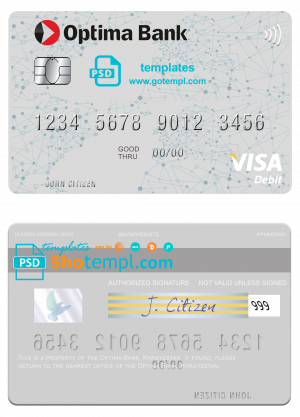Kyrgyzstan Optima Bank visa card fully editable template in PSD format