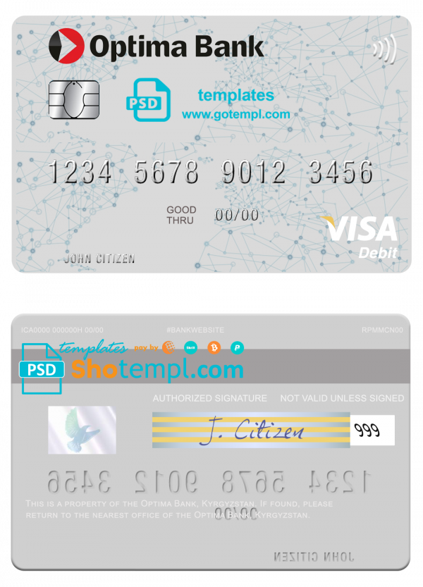 Kyrgyzstan Optima Bank visa card fully editable template in PSD format