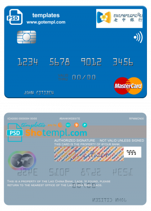 Laos Lao China Bank mastercard fully editable template in PSD format