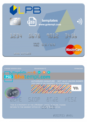Latvia LPB Bank mastercard fully editable credit card template in PSD format