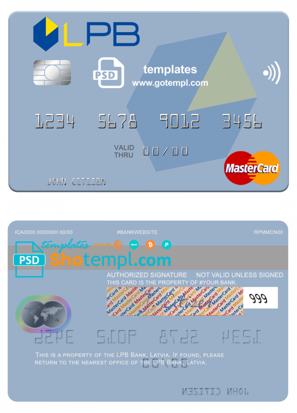 Latvia LPB Bank mastercard fully editable credit card template in PSD format