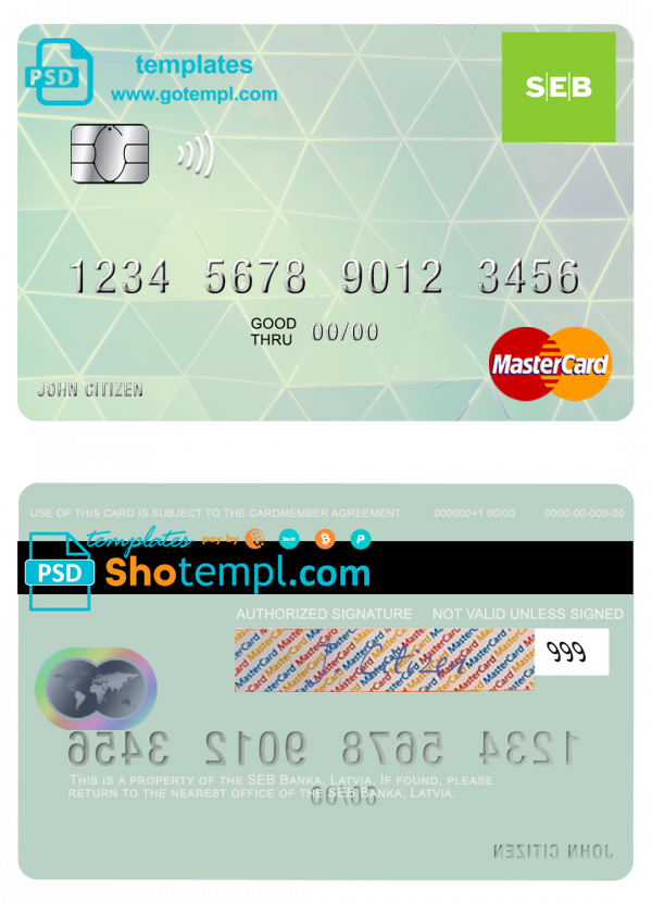 Latvia SEB Bank mastercard fully editable template in PSD format