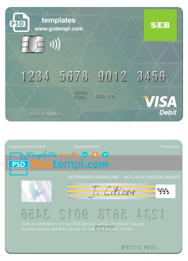 Latvia SEB Bank visa card fully editable template in PSD format