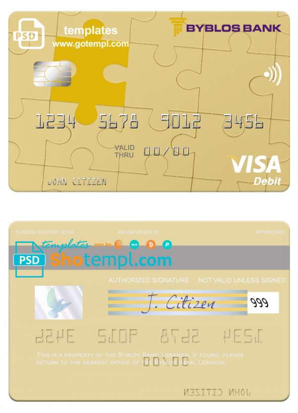 Lebanon Byblos Bank visa card fully editable template in PSD format