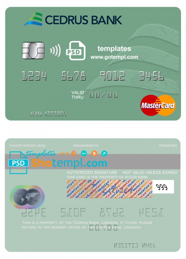 Lebanon Cedrus Bank mastercard fully editable credit card template in PSD format