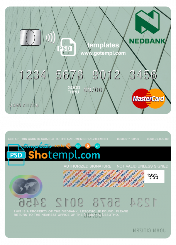 Lesotho Nedbank mastercard fully editable credit card template in PSD format
