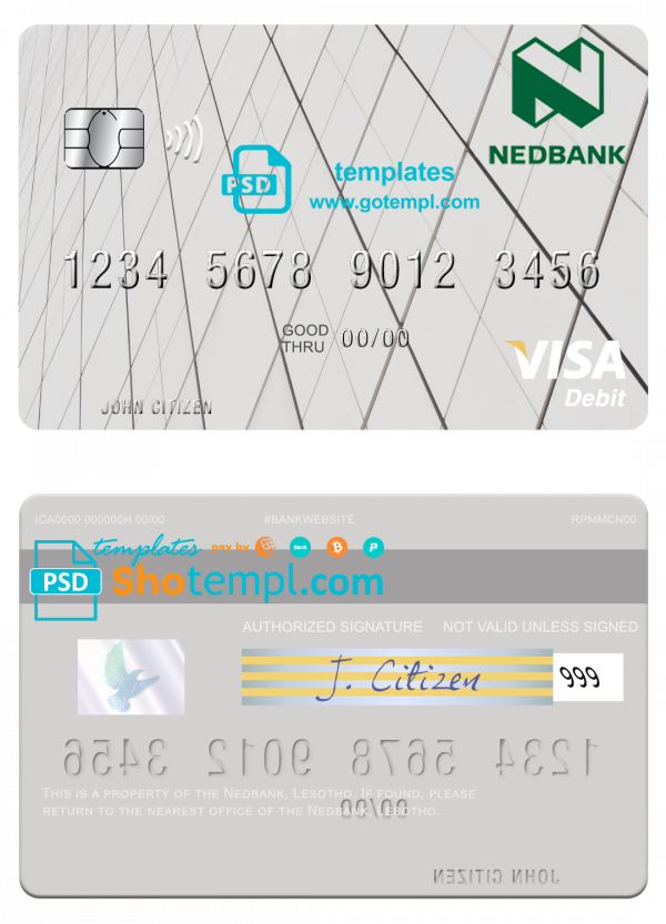 Lesotho Nedbank visa card fully editable template in PSD format