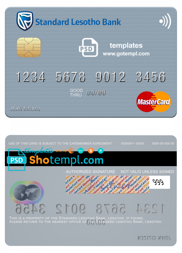 Lesotho Standard Bank mastercard fully editable credit card template in PSD format
