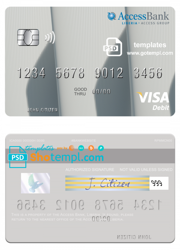 Liberia Access Bank visa card fully editable template in PSD format