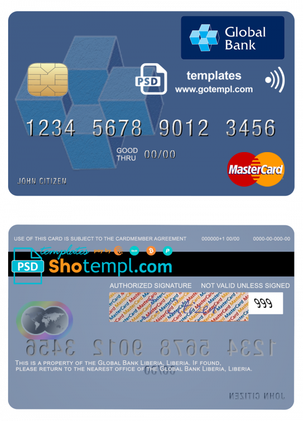 Liberia Global Bank mastercard fully editable credit card template in PSD format