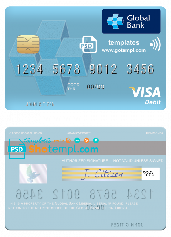 Liberia Global Bank visa card fully editable template in PSD format