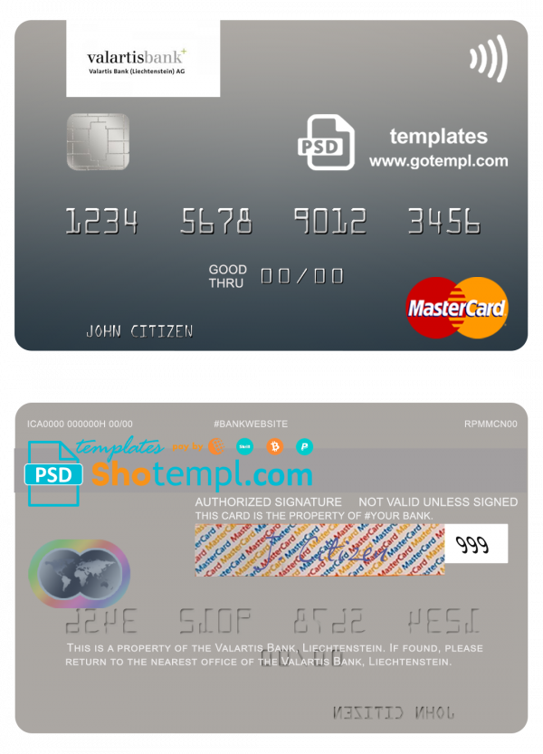 Liechtenstein Valartis Bank mastercard fully editable credit card template in PSD format