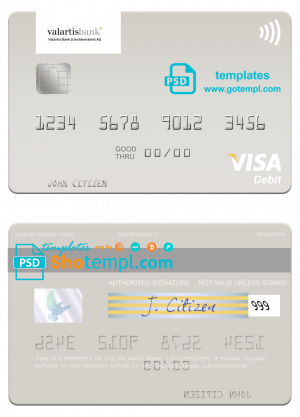 Liechtenstein Valartis Bank visa card fully editable template in PSD format
