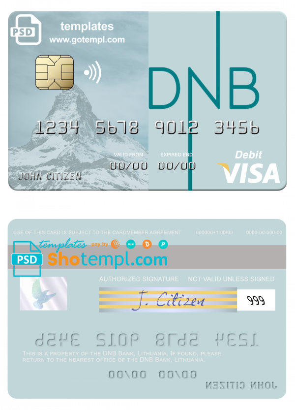 Lithuania DNB Bank visa card fully editable template in PSD format