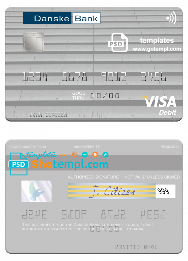 Lithuania Danske Bank visa card fully editable template in PSD format