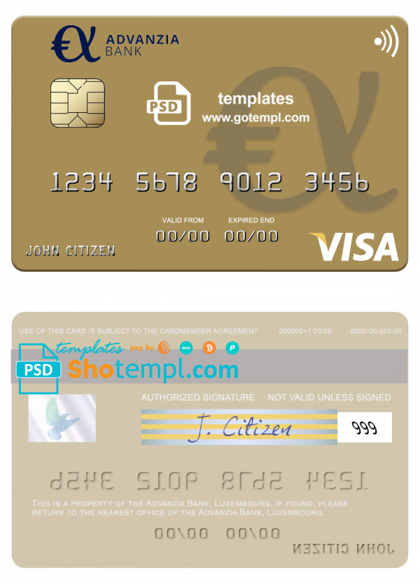 Luxembourg Advanzia Bank visa credit card template in PSD format, fully editable