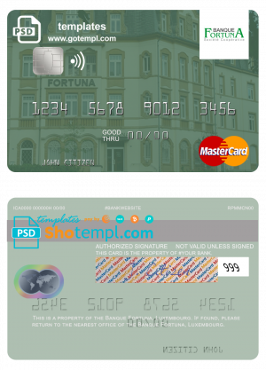 Luxembourg Banque Fortuna mastercard credit card template in PSD format