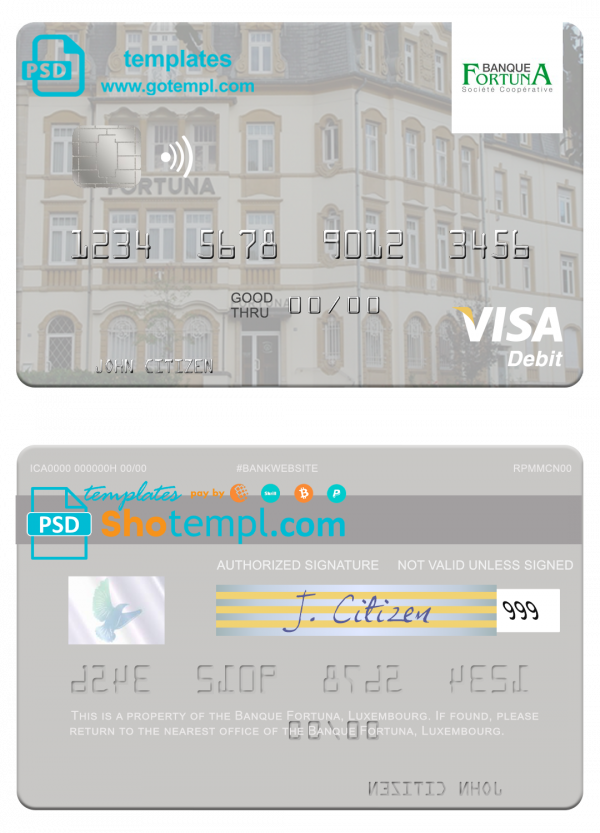 Luxembourg Banque Fortuna visa credit card template in PSD format