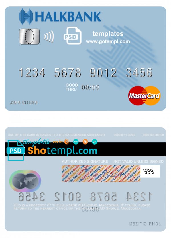 Macedonia Halkbank AD Skopje mastercard credit card template in PSD format