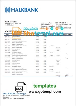 Macedonia Halkbank bank statement template in Word and PDF format