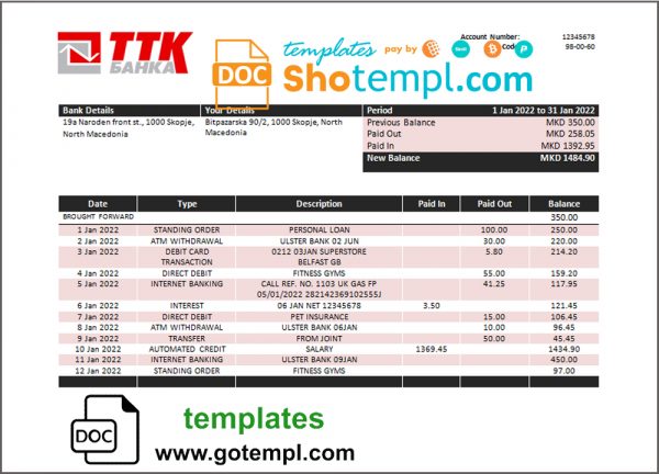 Macedonia TTK bank statement template in Word and PDF format