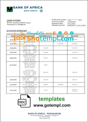 Madagascar Bank of Africa bank statement template in Word and PDF format