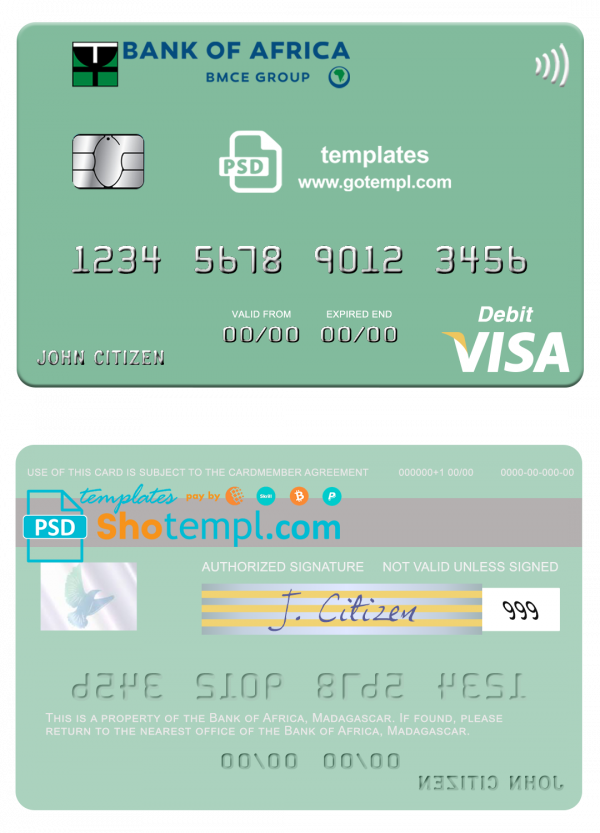 Madagascar Bank of Africa visa credit card template in PSD format