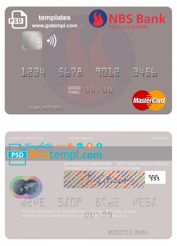 Malawi NBS bank mastercard credit card template in PSD format