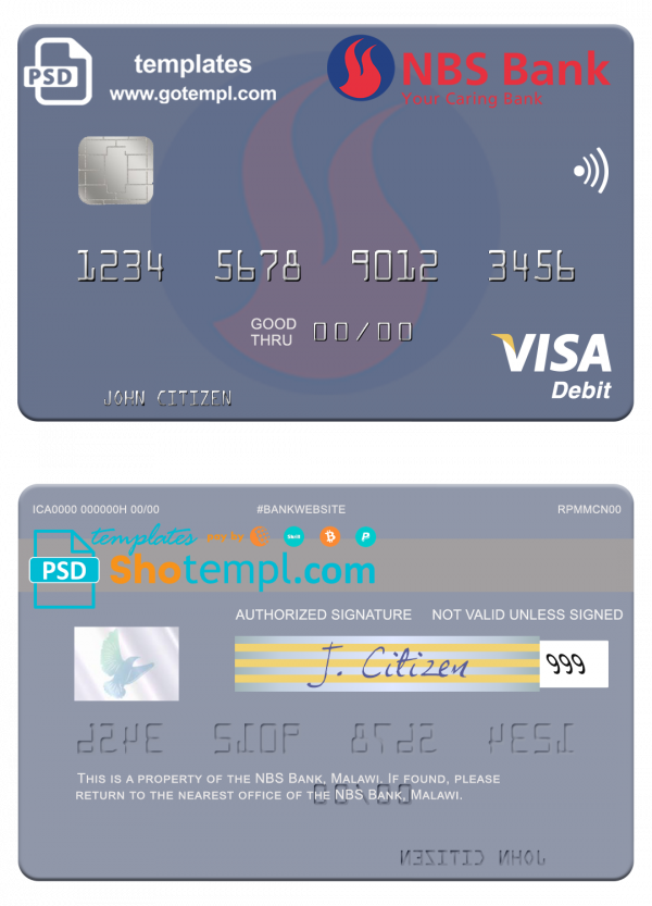 Malawi NBS Bank visa card fully editable template in PSD format