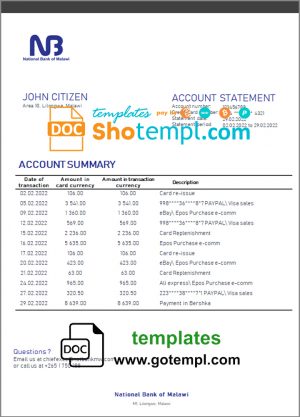 Malawi National Bank of Malawi bank statement template in Word and PDF format