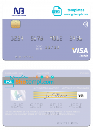 Malawi National Bank visa card fully editable template in PSD format