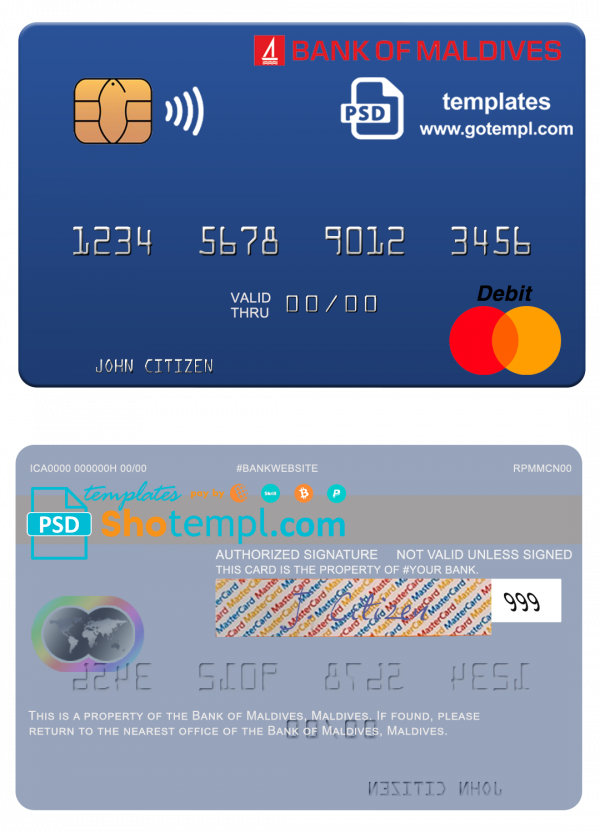 Maldives Bank of Maldives mastercard credit card template in PSD format
