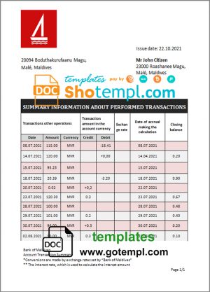 Maldives Bank of Maldives bank statement template in Word and PDF format