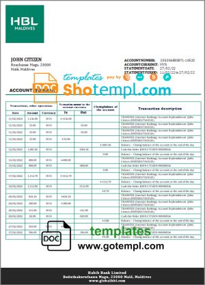 Maldives HBL bank statement template in Word and PDF format