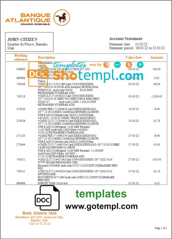 Mali Banque Atlantiaque bank statement template in Word and PDF format, .doc and .pdf format