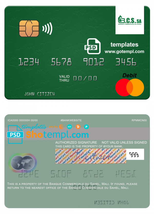 Mali Banque Commerciale du Sahel mastercard credit card template in PSD format