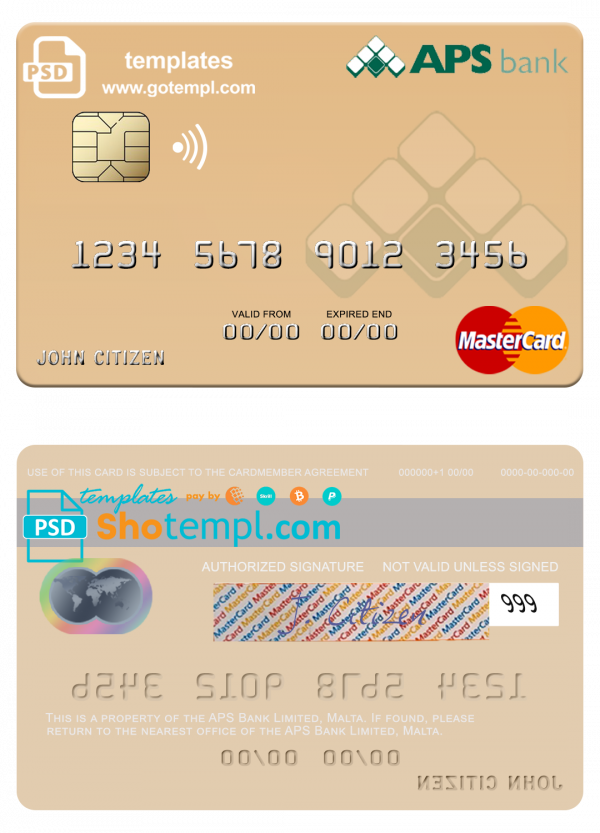 Malta APS Bank Limited mastercard credit card template in PSD format