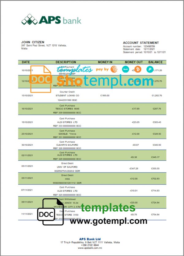 Malta APS bank statement template in Word and PDF format