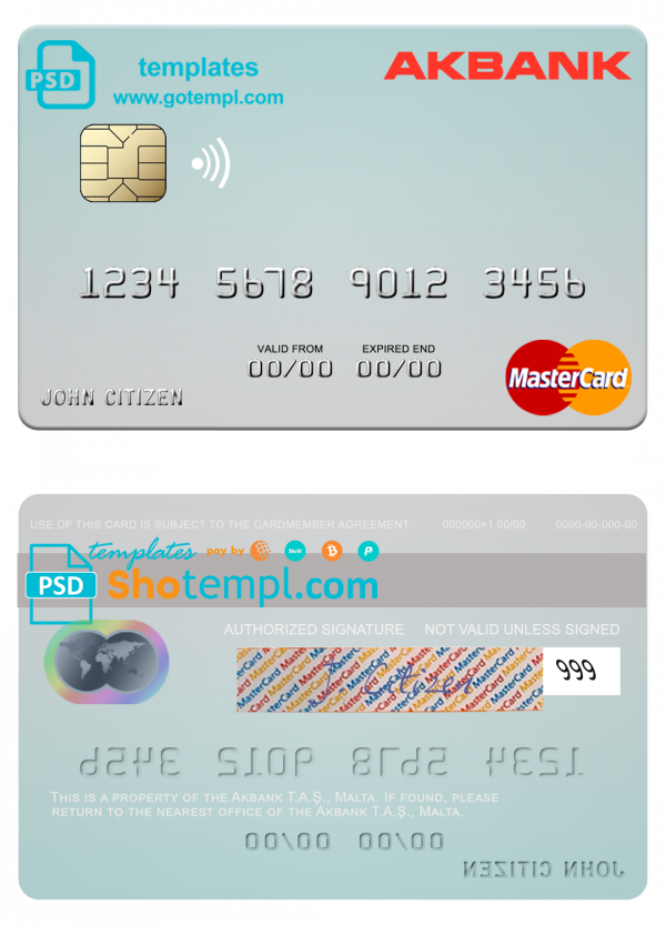 Malta Akbank T.A.Ş. mastercard credit card template in PSD format