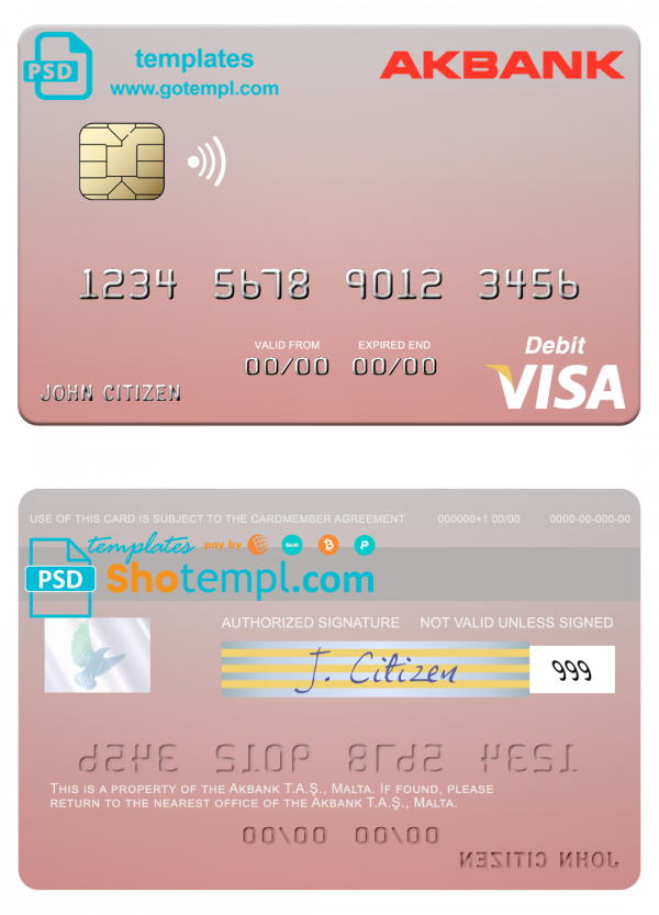 Malta Akbank T.A.Ş. visa credit card fully editable template in PSD format