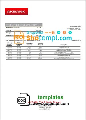 Malta Akbank bank statement template in Word and PDF format
